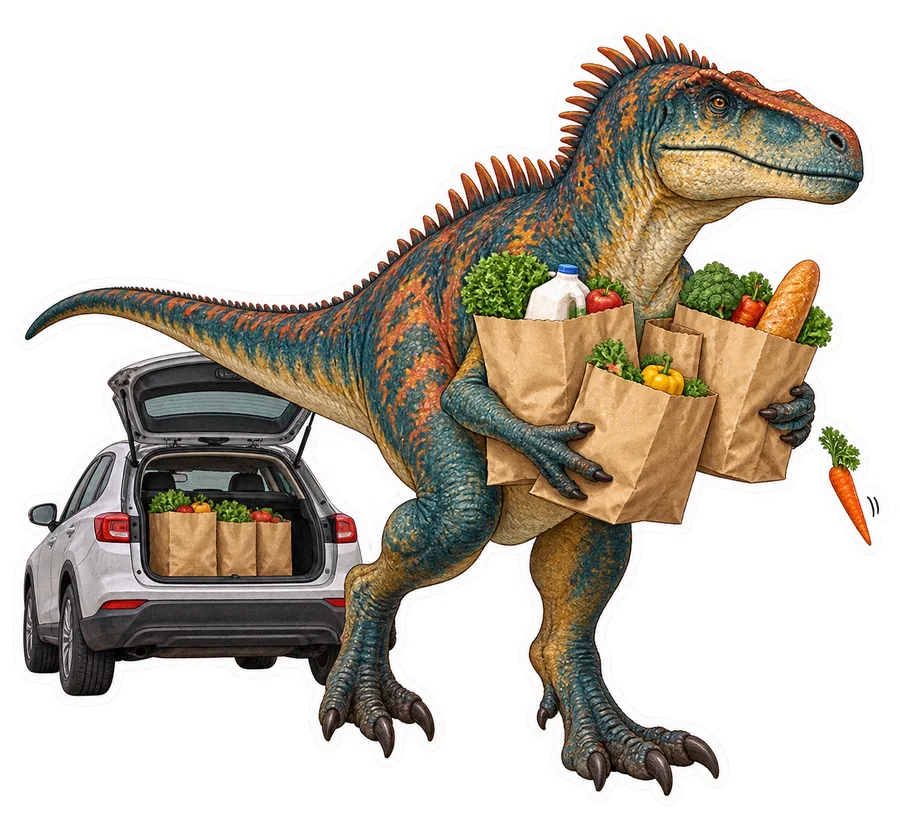 Acrocanthosaurus — Carrying every grocery bag from a small car trunk in one dinosaur sticker, Storybook collection