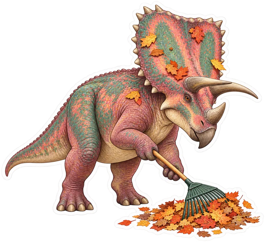 Chasmosaurus — Raking a small pile of autumn leaves with a plain garden dinosaur sticker, Storybook collection