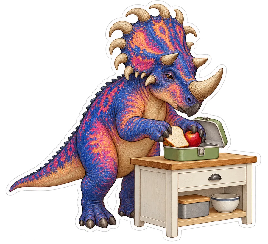 Centrosaurus — Packing a plain sandwich and apple into a very small dinosaur sticker, Storybook collection
