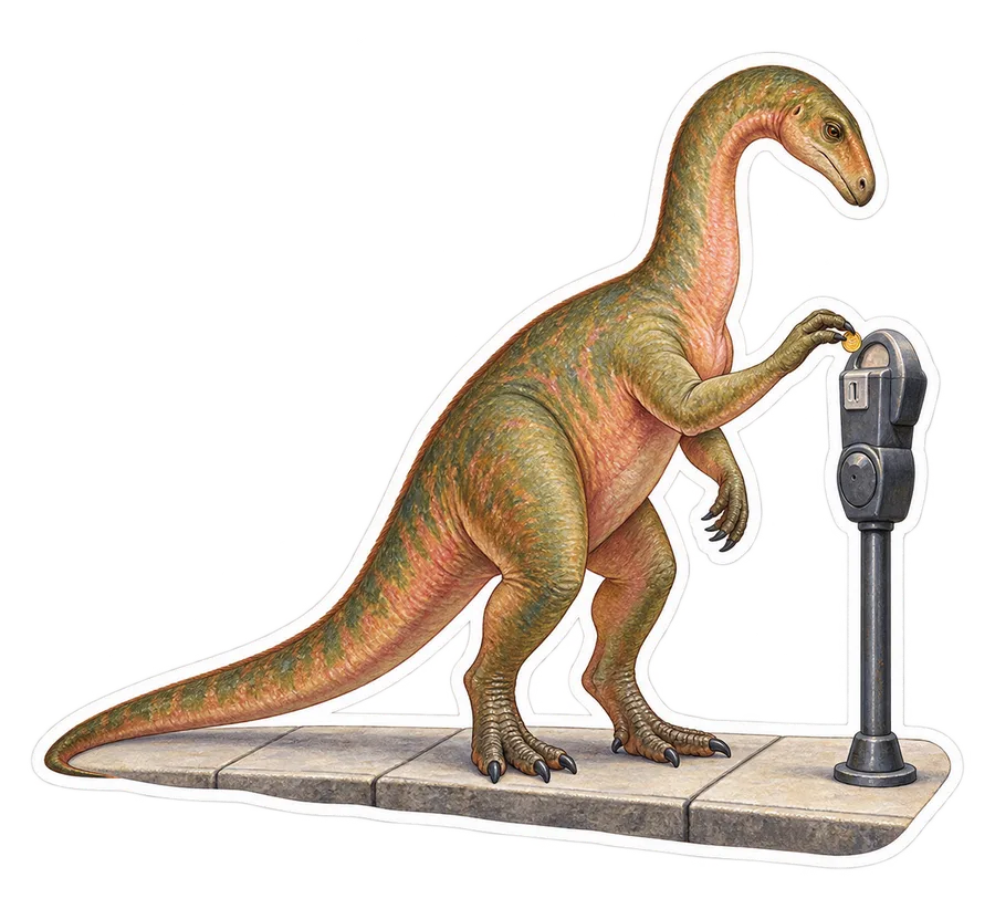 Plateosaurus — Paying a parking meter with one tiny coin dinosaur sticker, Storybook collection