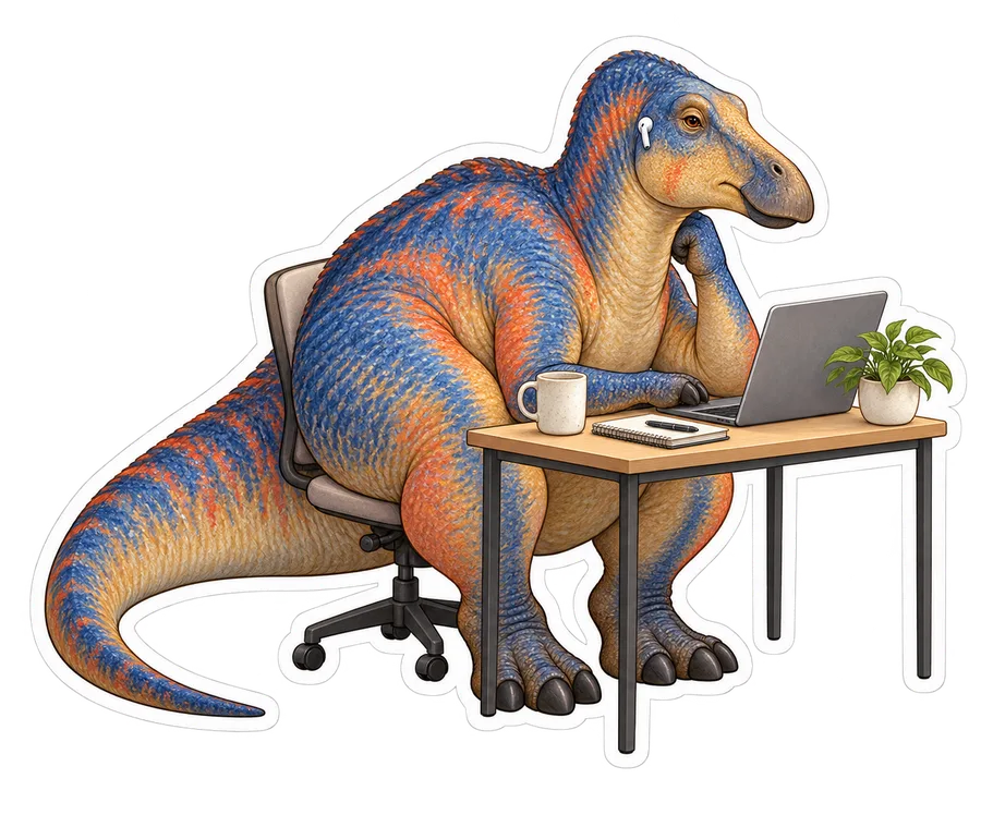 Shantungosaurus — Sitting at a tiny work desk in a dull video meeting on a dinosaur sticker, Storybook collection