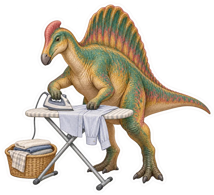 Ouranosaurus — Ironing one ordinary shirt on a small ironing board dinosaur sticker, Storybook collection