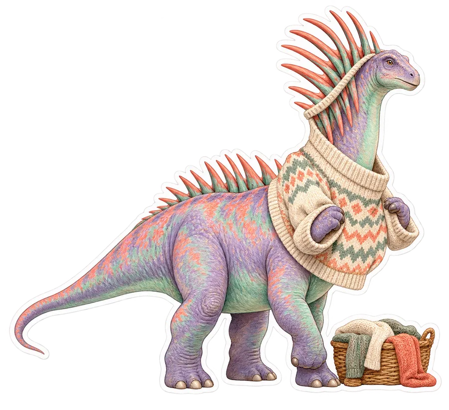 Amargasaurus — Trying to pull a knitted sweater over its long spiny neck dinosaur sticker, Storybook collection