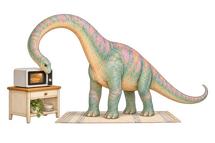 Mamenchisaurus — Waiting in front of a small microwave for leftovers to heat dinosaur sticker, Storybook collection