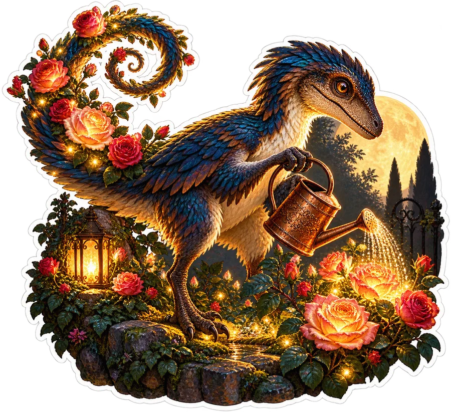 Moonlit rose watering — Velociraptor dinosaur sticker, Garden collection