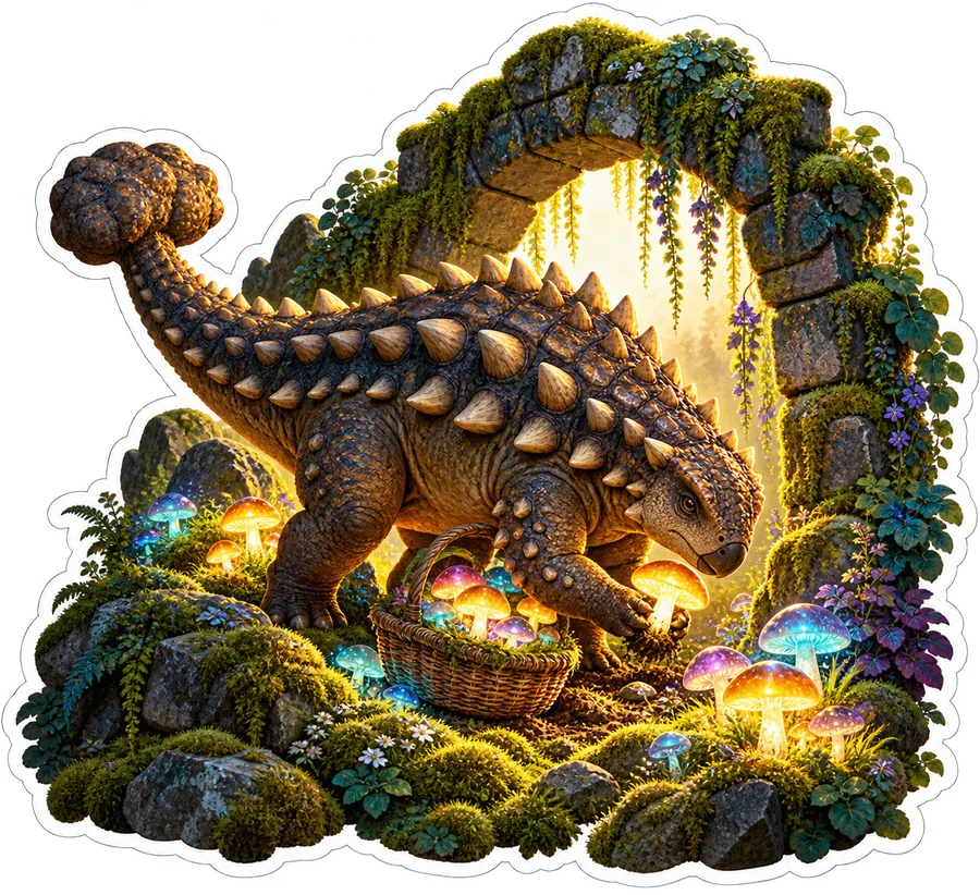 Mushroom harvest — Ankylosaurus dinosaur sticker, Garden collection