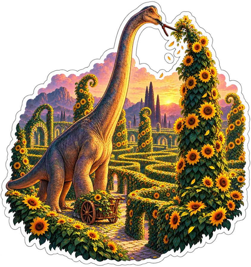 Sunflower labyrinth — Brachiosaurus dinosaur sticker, Garden collection