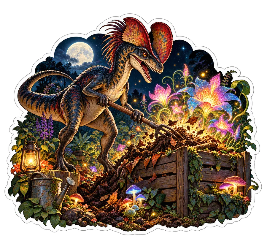 Midnight compost — Dilophosaurus dinosaur sticker, Garden collection