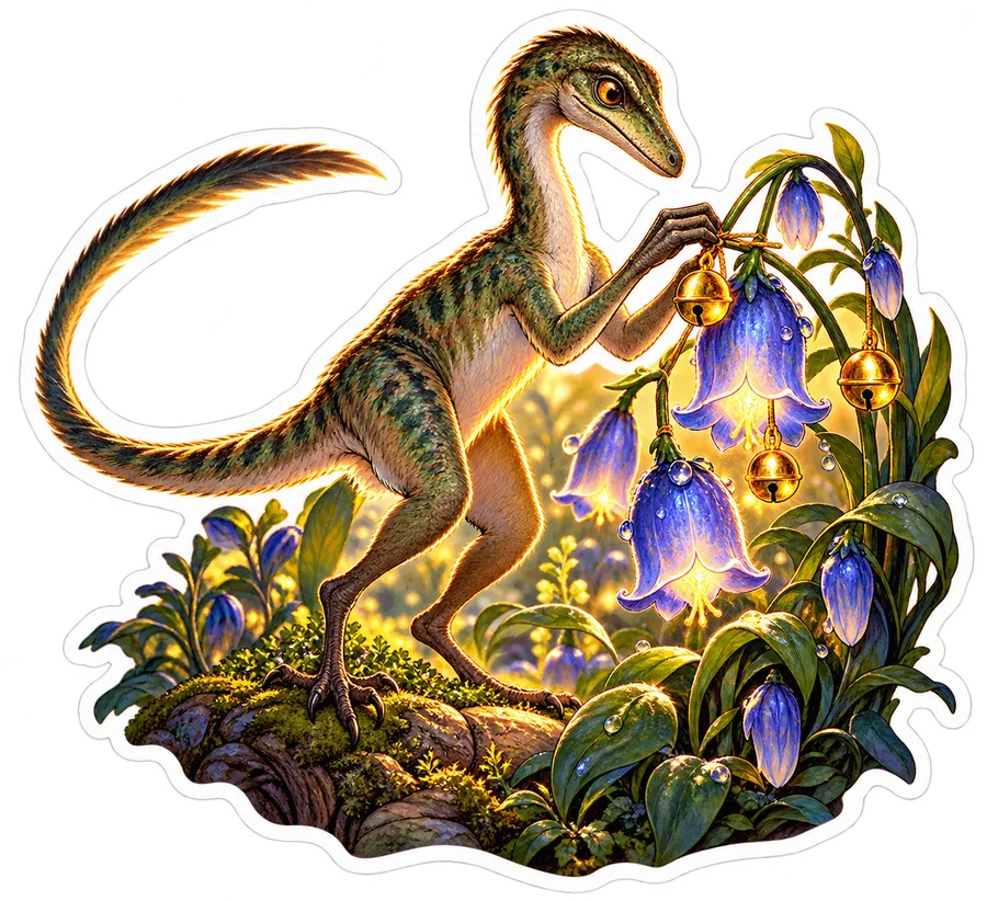 Bellflower bells — Compsognathus dinosaur sticker, Garden collection