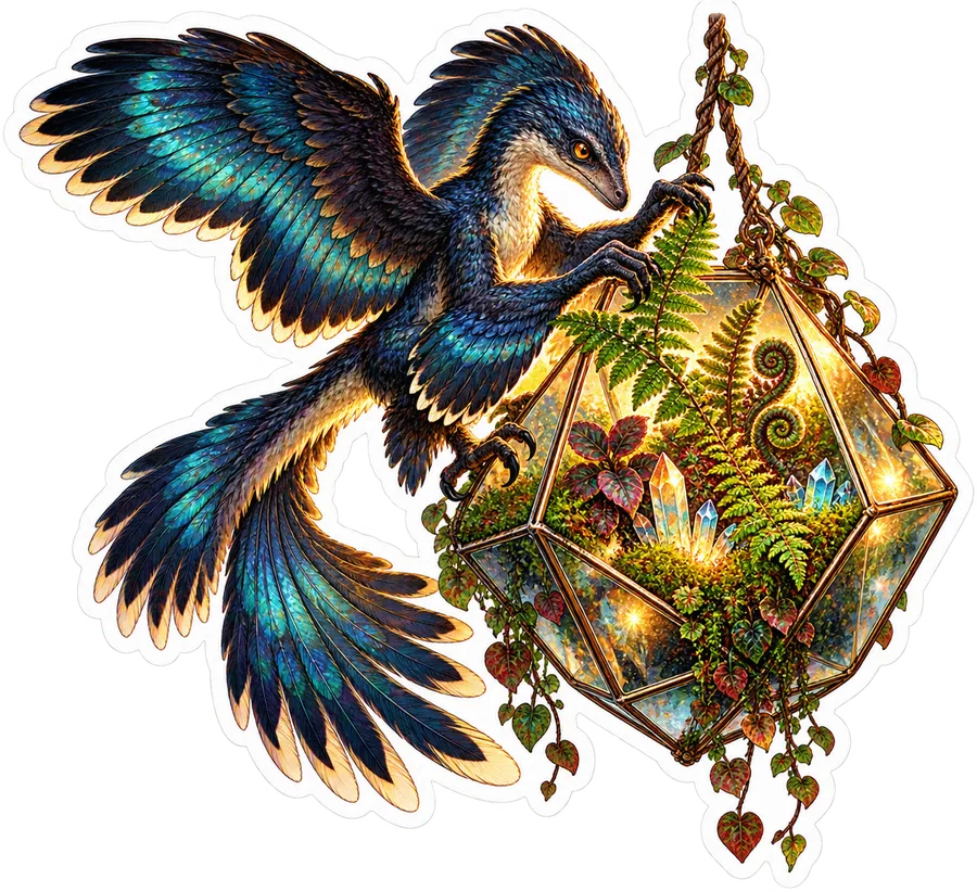 Fern terrarium — Microraptor dinosaur sticker, Garden collection