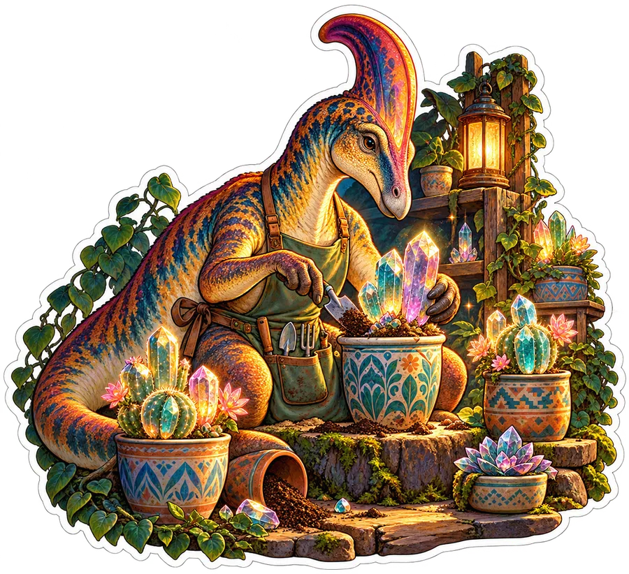 Crystal cactus — Corythosaurus dinosaur sticker, Garden collection