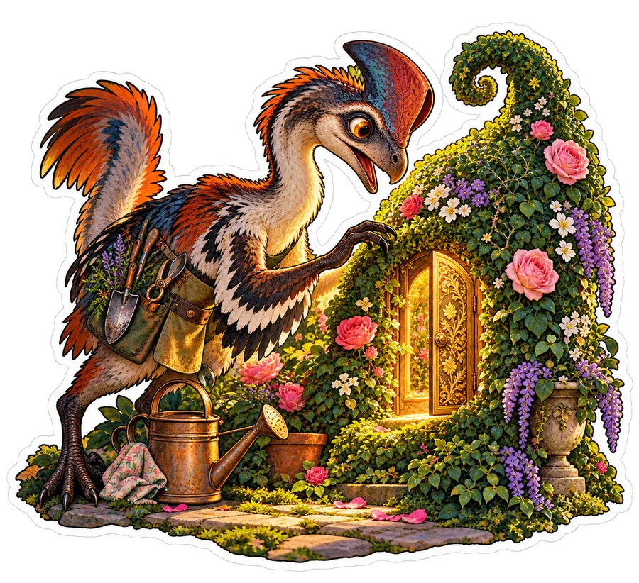 Secret door topiary — Oviraptor dinosaur sticker, Garden collection