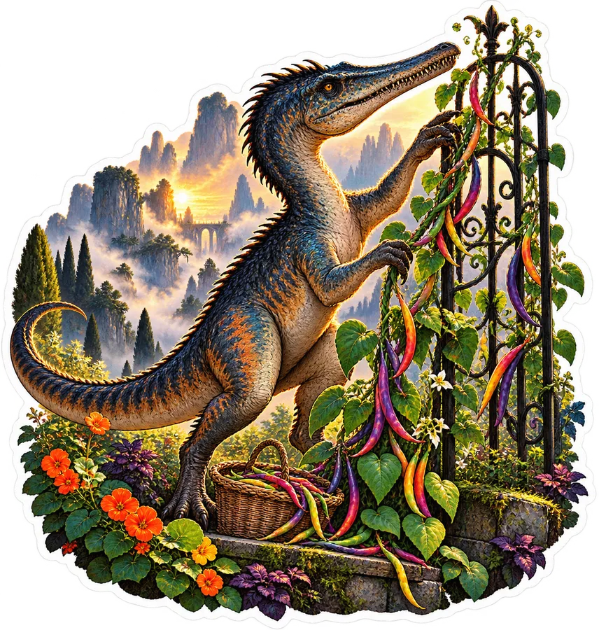 Rainbow bean trellis — Baryonyx dinosaur sticker, Garden collection