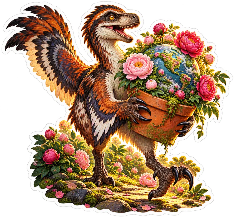 Peony planet — Utahraptor dinosaur sticker, Garden collection