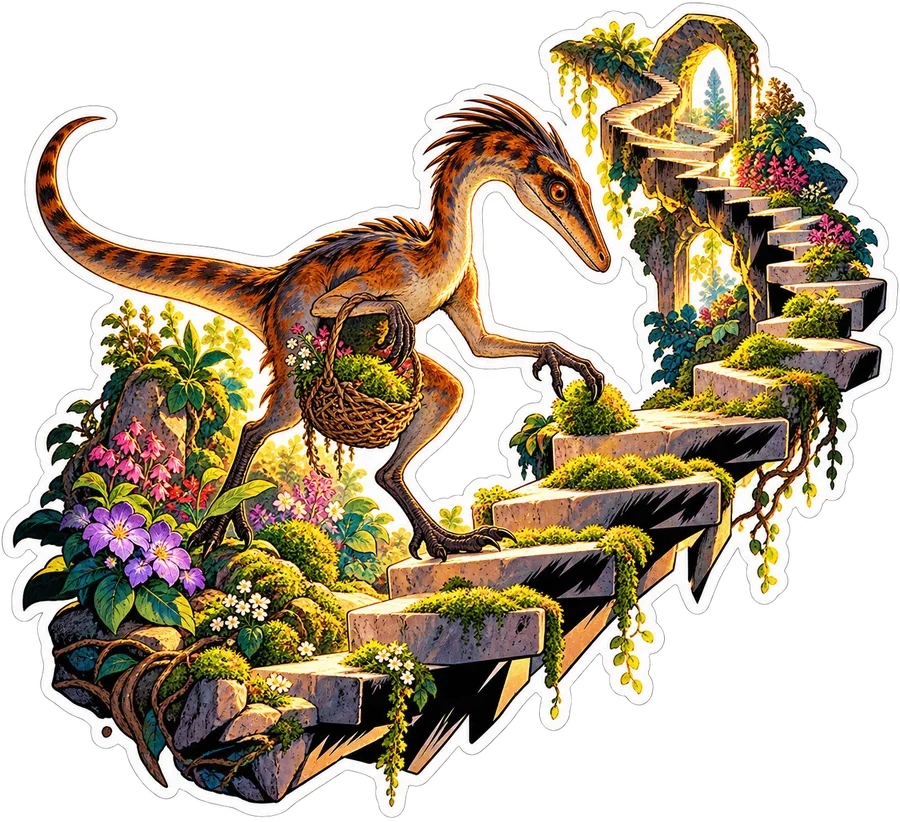 Moss staircase — Coelophysis dinosaur sticker, Garden collection