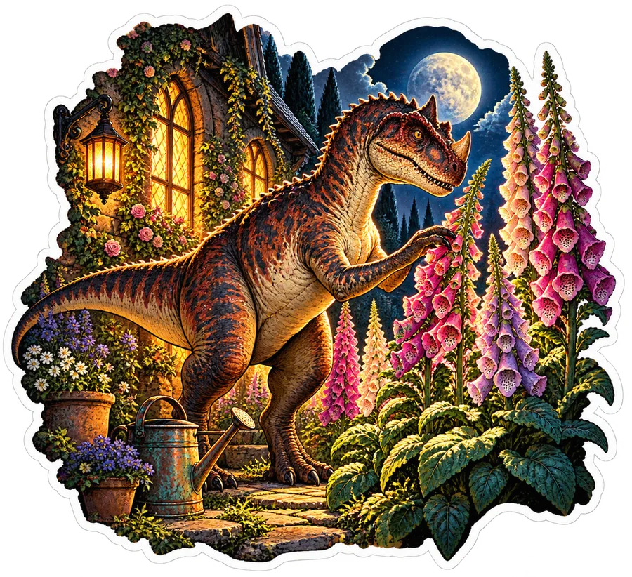 Foxglove towers — Ceratosaurus dinosaur sticker, Garden collection