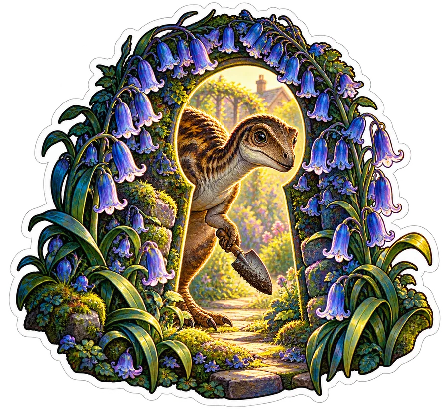 Bluebell keyhole — Garden dinosaur sticker, Garden collection