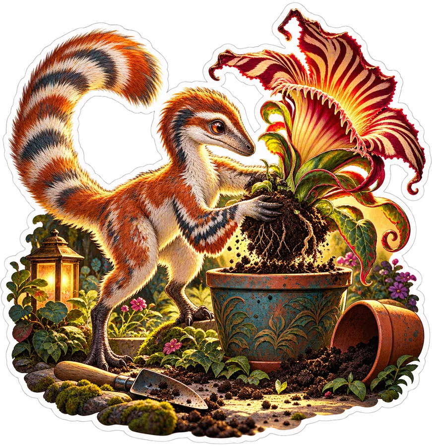 Carnivorous flower — Sinosauropteryx dinosaur sticker, Garden collection