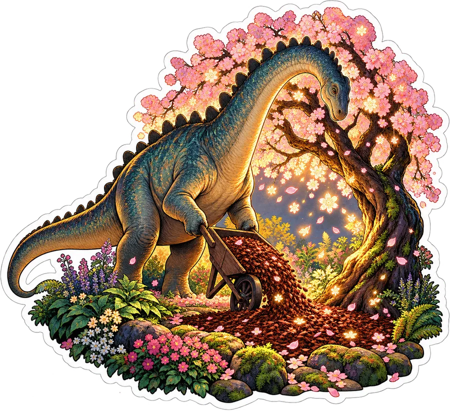 Cherry blossom snow — Shunosaurus dinosaur sticker, Garden collection