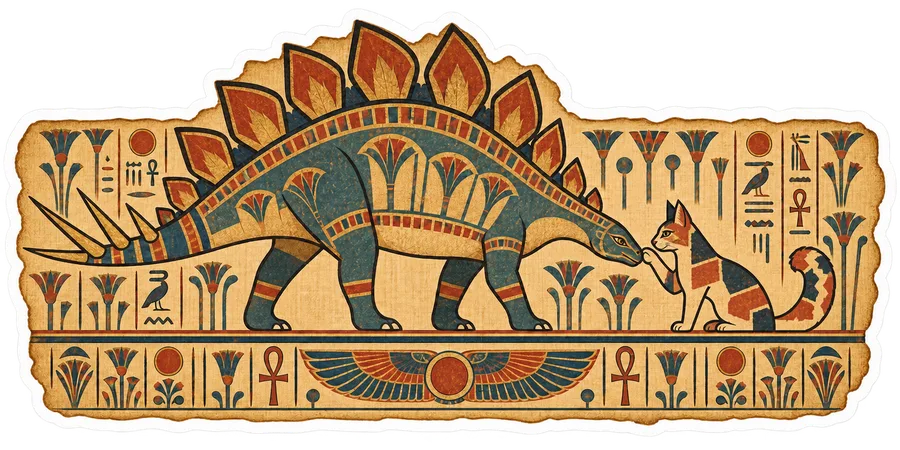 Stegosaurus & Cat — Egyptian hieroglyphic animal rows & Book of the Dead dinosaur sticker, Stegosaurus & Cats: Art Through Time collection