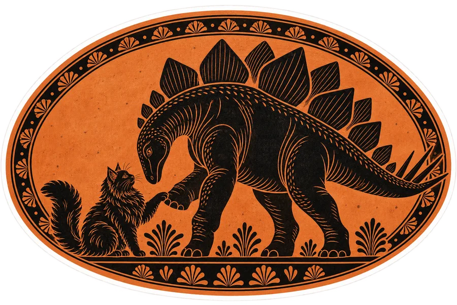 Stegosaurus & Cat — Greek black-figure pottery dinosaur sticker, Stegosaurus & Cats: Art Through Time collection