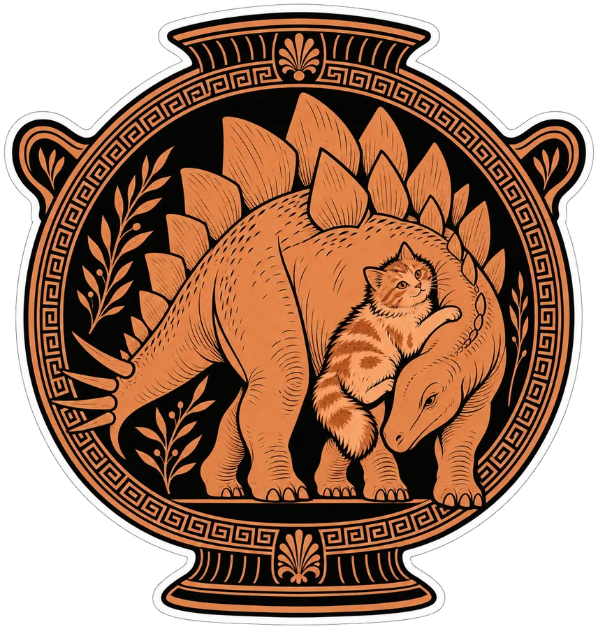 Stegosaurus & Cat — Greek red-figure pottery dinosaur sticker, Stegosaurus & Cats: Art Through Time collection
