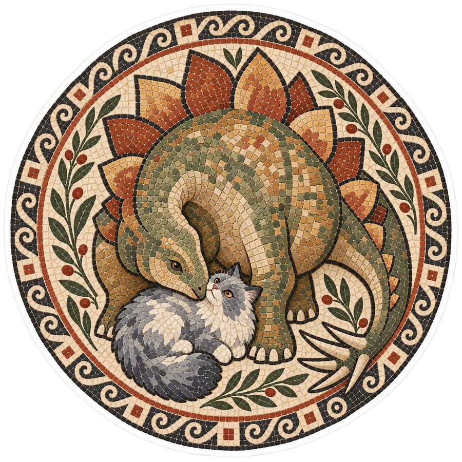 Stegosaurus & Cat — Roman mosaic (Pompeii, Alexander Mosaic) dinosaur sticker, Stegosaurus & Cats: Art Through Time collection