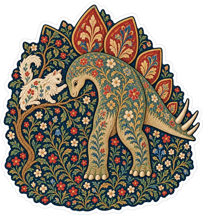 Stegosaurus & Cat — Unicorn Tapestries / millefleurs dinosaur sticker, Stegosaurus & Cats: Art Through Time collection