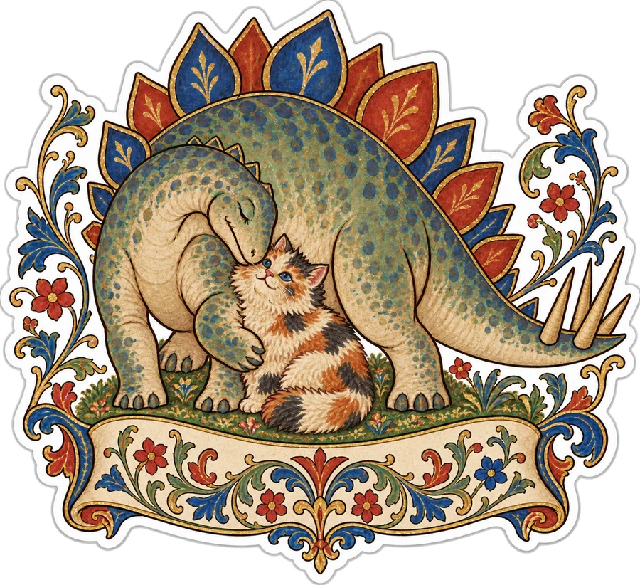 Stegosaurus & Cat — Medieval bestiary marginalia & drolleries dinosaur sticker, Stegosaurus & Cats: Art Through Time collection
