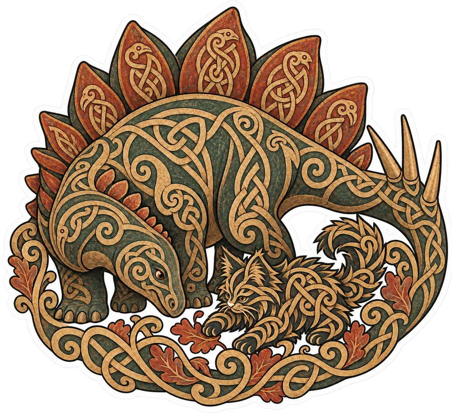 Stegosaurus & Cat — Norse Urnes / Jellinge / Ringerike animal interlace dinosaur sticker, Stegosaurus & Cats: Art Through Time collection