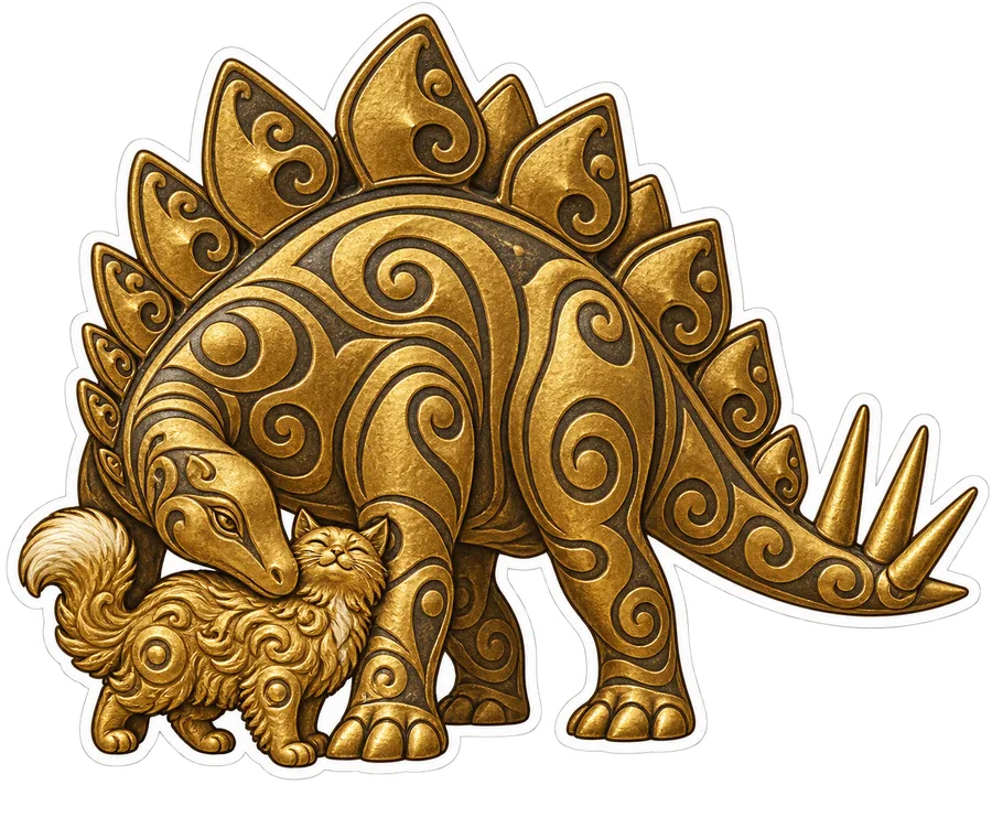 Stegosaurus & Cat — Scythian & Sarmatian animal-style gold dinosaur sticker, Stegosaurus & Cats: Art Through Time collection