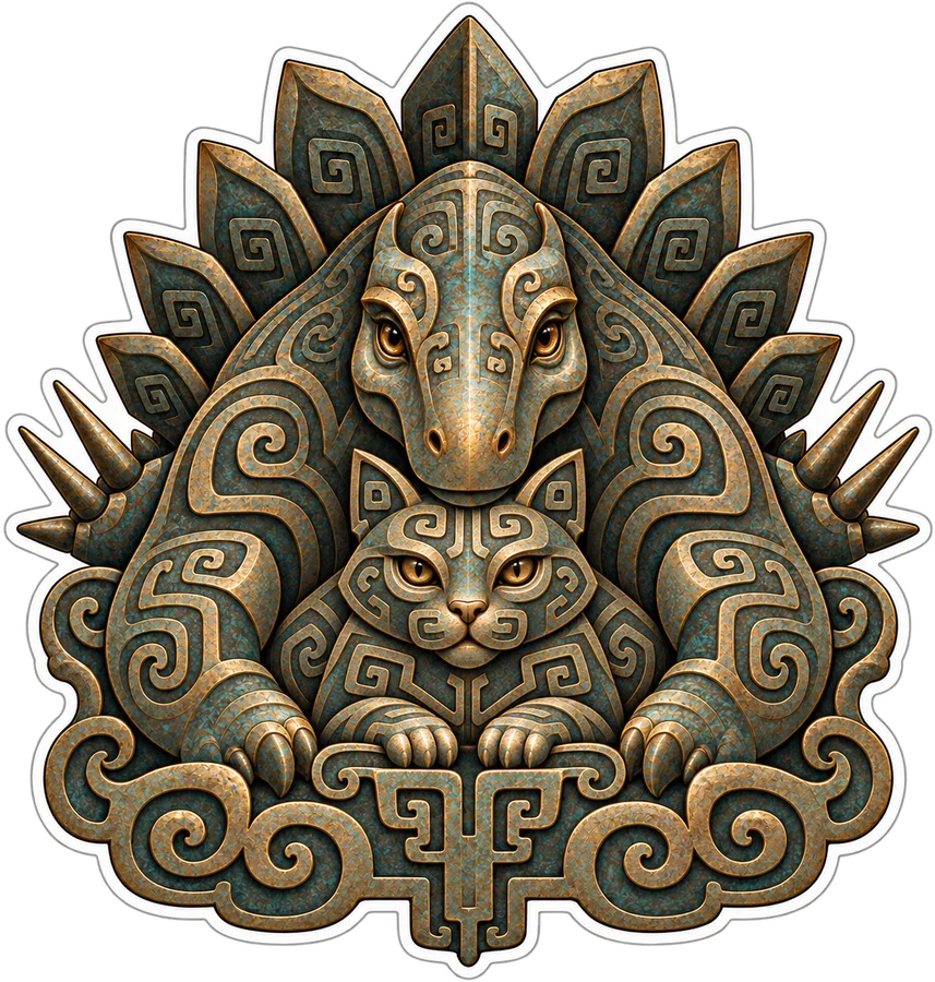 Stegosaurus & Cat — Chinese bronze taotie mask & leiwen thunder-spiral ground dinosaur sticker, Stegosaurus & Cats: Art Through Time collection