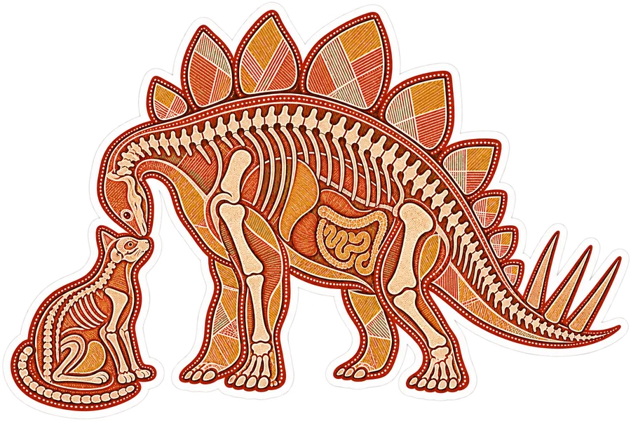 Stegosaurus & Cat — Aboriginal Arnhem Land "x-ray" bark painting dinosaur sticker, Stegosaurus & Cats: Art Through Time collection