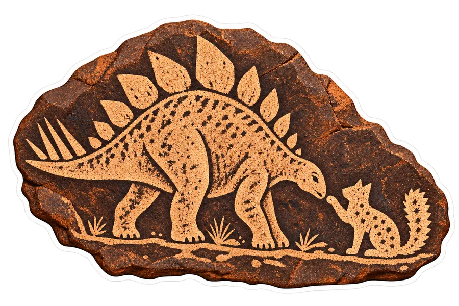 Stegosaurus & Cat — Petroglyph / pecked rock art & desert varnish dinosaur sticker, Stegosaurus & Cats: Art Through Time collection
