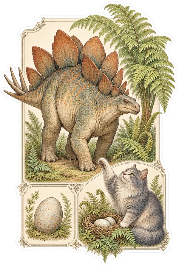 Stegosaurus & Cat — John Gould / Audubon / Edward Lear dinosaur sticker, Stegosaurus & Cats: Art Through Time collection