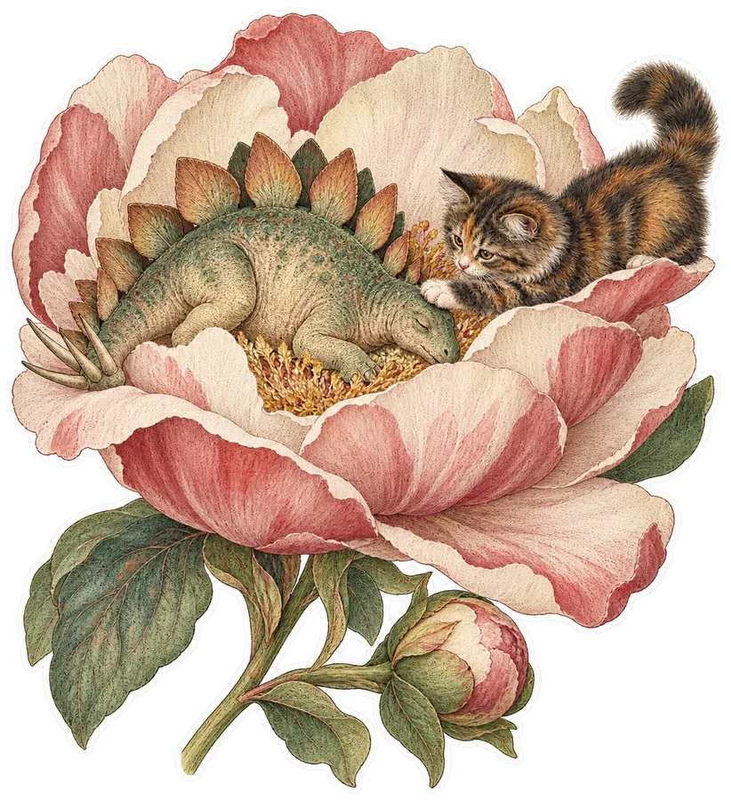 Stegosaurus & Cat — Curtis's Botanical Magazine / Redouté dinosaur sticker, Stegosaurus & Cats: Art Through Time collection