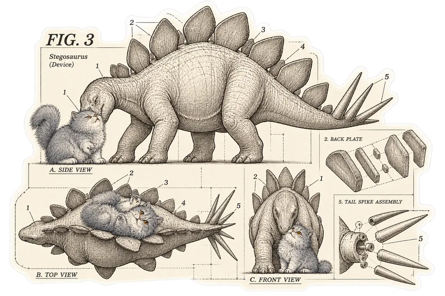 Stegosaurus & Cat — Patent illustration dinosaur sticker, Stegosaurus & Cats: Art Through Time collection