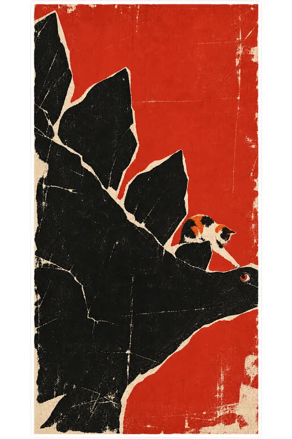 Stegosaurus & Cat — Polish Film Poster School (Jan Lenica dinosaur sticker, Stegosaurus & Cats: Art Through Time collection