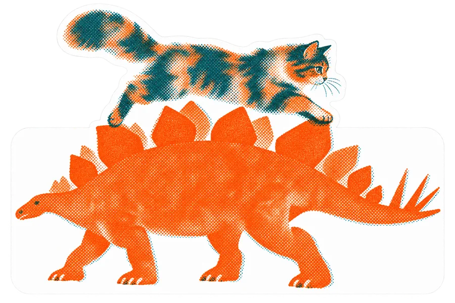 Stegosaurus & Cat — Risograph dinosaur sticker, Stegosaurus & Cats: Art Through Time collection