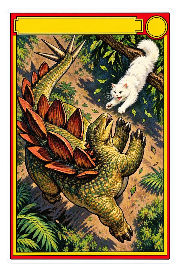 Stegosaurus & Cat — Topps Dinosaurs Attack! (1988) — art by Tom Bunk dinosaur sticker, Stegosaurus & Cats: Art Through Time collection