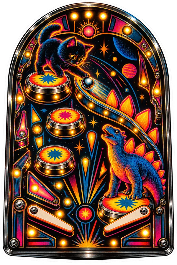 Stegosaurus & Cat — Pinball backglass art (Williams, Bally, Gottlieb) dinosaur sticker, Stegosaurus & Cats: Art Through Time collection