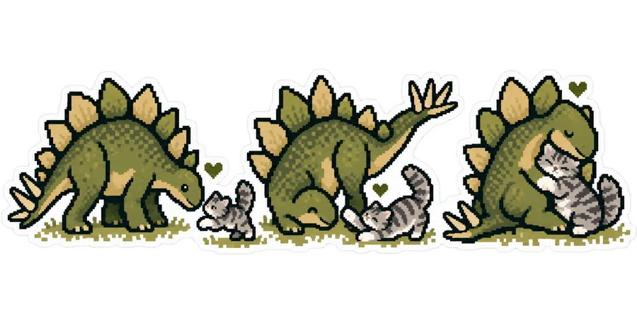 Stegosaurus & Cat — 1-bit and 8-bit pixel art (Atari 2600, NES, Game Boy) dinosaur sticker, Stegosaurus & Cats: Art Through Time collection