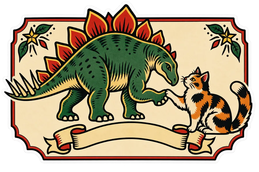 Stegosaurus & Cat — American traditional / Sailor Jerry tattoo flash dinosaur sticker, Stegosaurus & Cats: Art Through Time collection