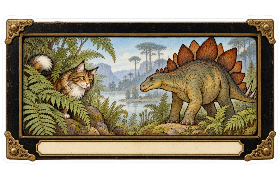 Stegosaurus & Cat — Victorian magic lantern slides & stereoview cards dinosaur sticker, Stegosaurus & Cats: Art Through Time collection