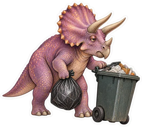 Triceratops — Taking out the trash: slowly wheeling a single dinosaur sticker