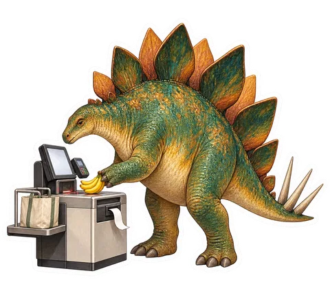 Stegosaurus — Using a grocery self-checkout to scan one bunch of bananas dinosaur sticker