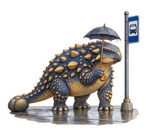 Ankylosaurus — Waiting for the bus in a light drizzle beneath an dinosaur sticker