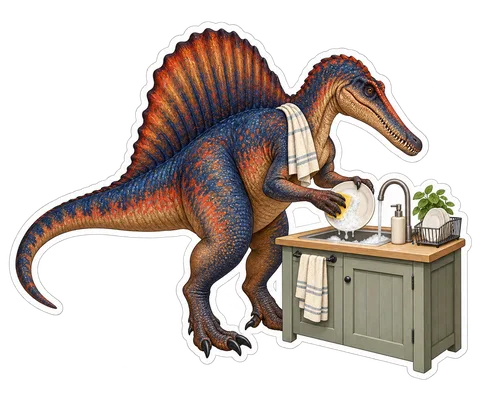 Spinosaurus — Washing a single dinner plate at a compact kitchen sink dinosaur sticker