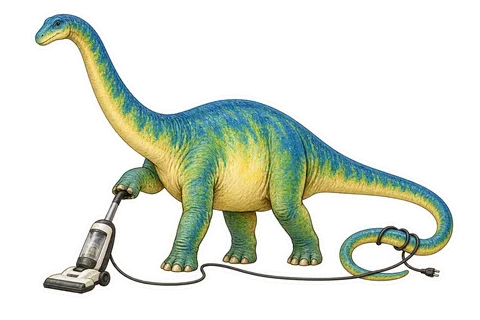 Diplodocus — Vacuuming a small patch of floor with a tiny upright dinosaur sticker