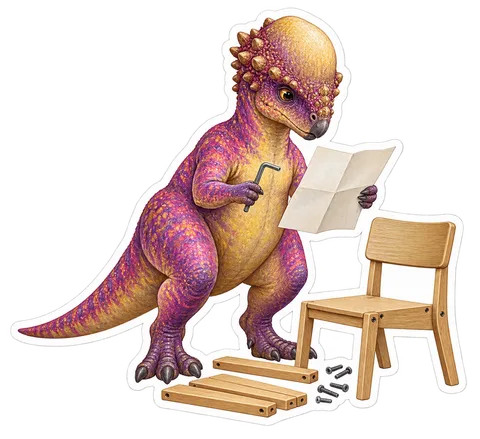 Pachycephalosaurus — Quietly assembling a flat-pack chair from a few wooden dinosaur sticker
